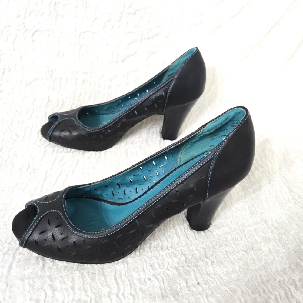 Women's Black Sz 9.5 High Heels pumps cut‎ out design Peep Toe Officecore